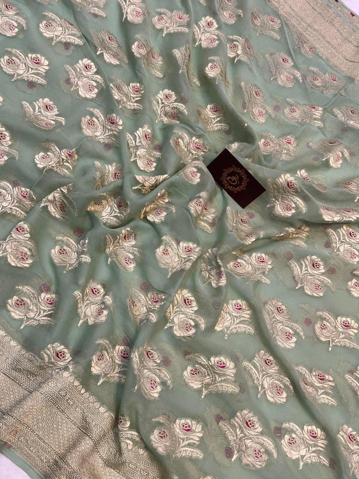 Pista Green Banarasi Khaddi Georgette Saree - Aura Benaras