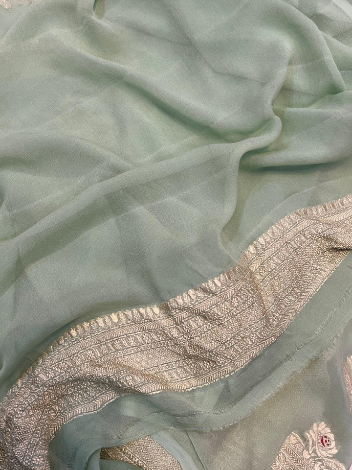 Pista Green Banarasi Khaddi Georgette Saree - Aura Benaras