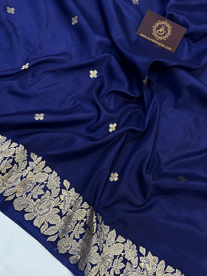 Nevy Blue Pure Banarasi Handloom Katan Silk Saree - Aura Benaras