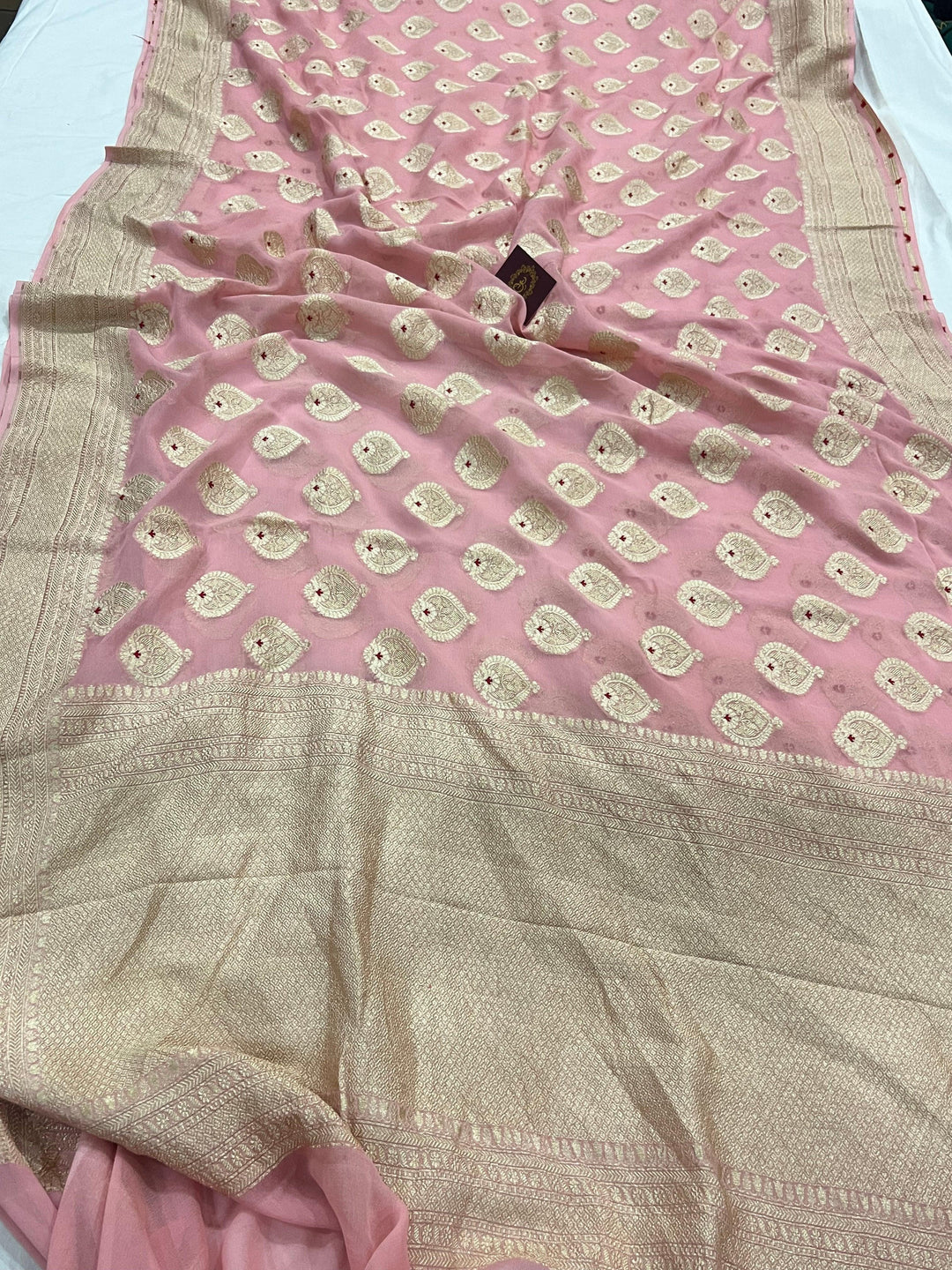Peach Banarasi Khaddi Georgette Saree - Aura Benaras