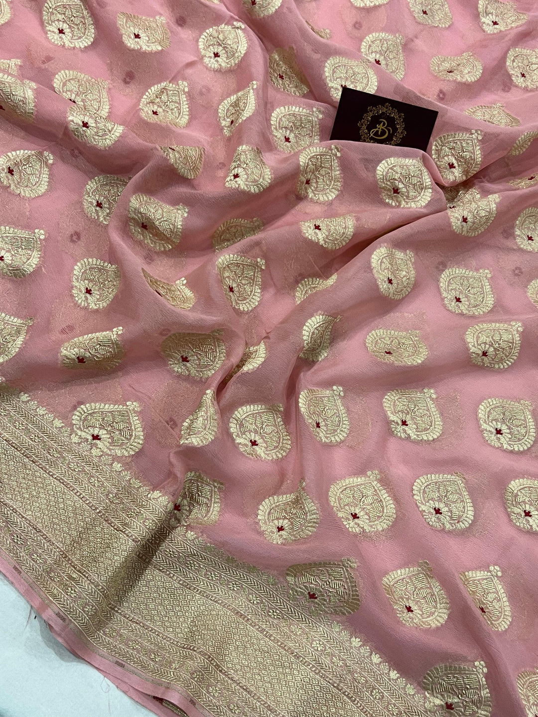 Peach Banarasi Khaddi Georgette Saree - Aura Benaras