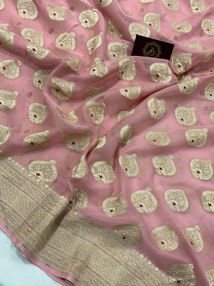Peach Banarasi Khaddi Georgette Saree - Aura Benaras