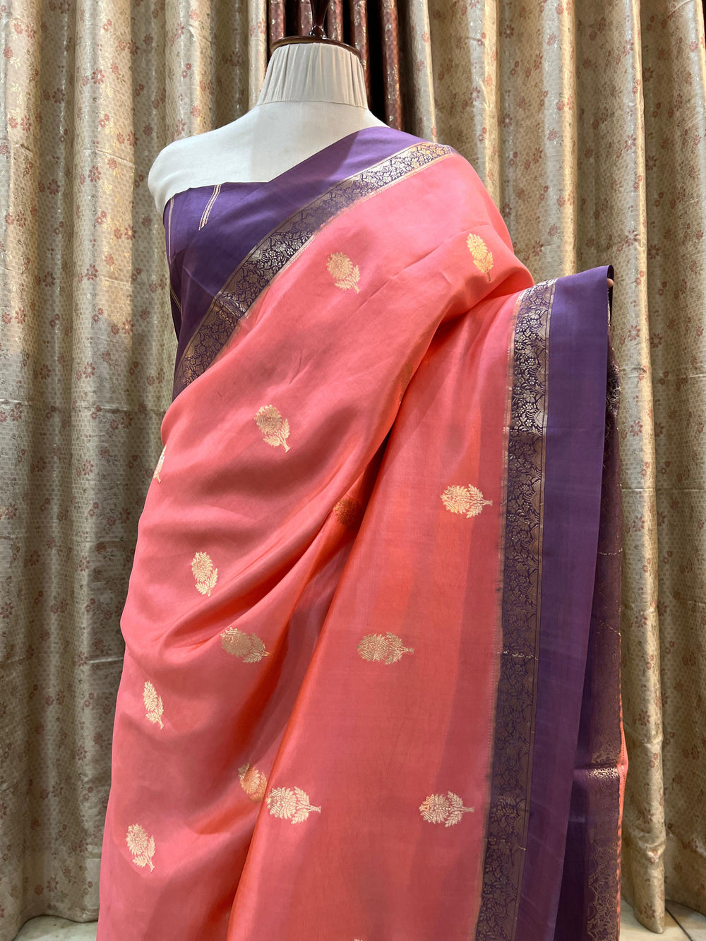 Pure silk handloom Banarasi saree with golden zari Kadhwa butas and contrast Mashru silk borders