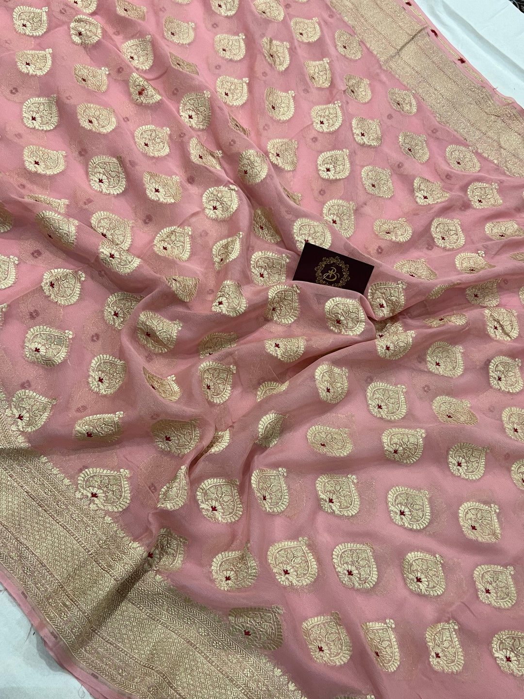Peach Banarasi Khaddi Georgette Saree - Aura Benaras