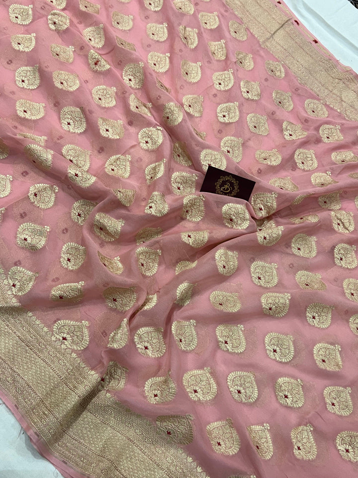 Peach Banarasi Khaddi Georgette Saree - Aura Benaras