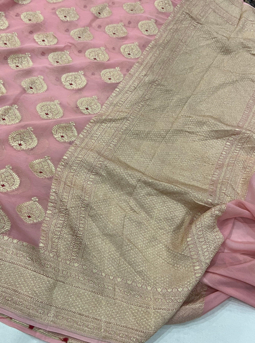Peach Banarasi Khaddi Georgette Saree - Aura Benaras