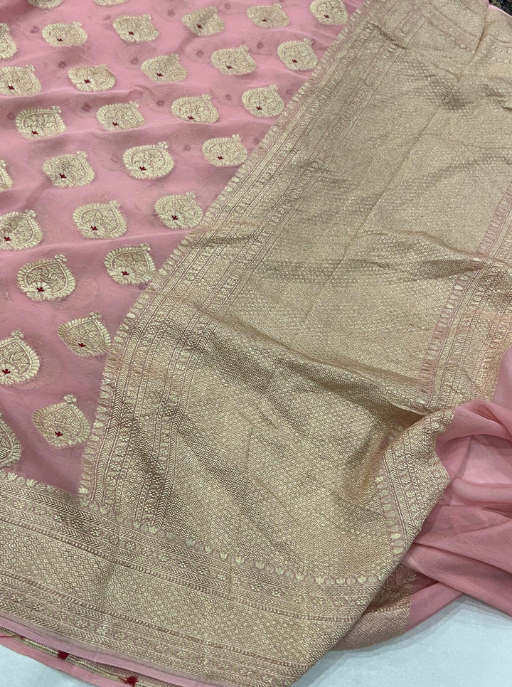 Peach Banarasi Khaddi Georgette Saree - Aura Benaras