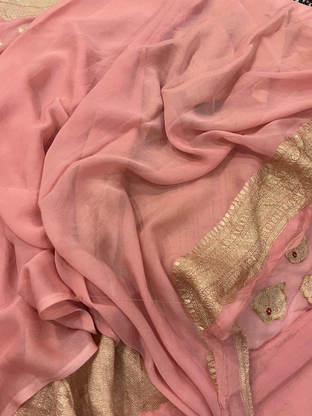 Peach Banarasi Khaddi Georgette Saree - Aura Benaras