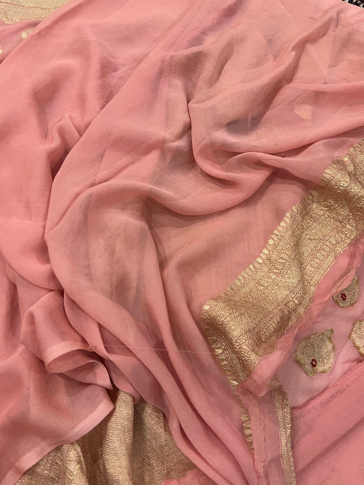 Peach Banarasi Khaddi Georgette Saree - Aura Benaras