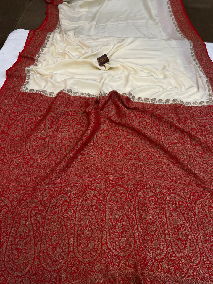 Cream Pure Banarasi Khaddi Crepe Silk Saree