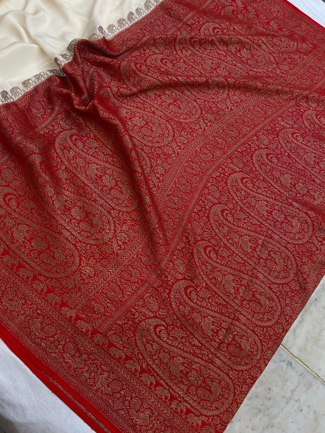 Cream Pure Banarasi Khaddi Crepe Silk Saree