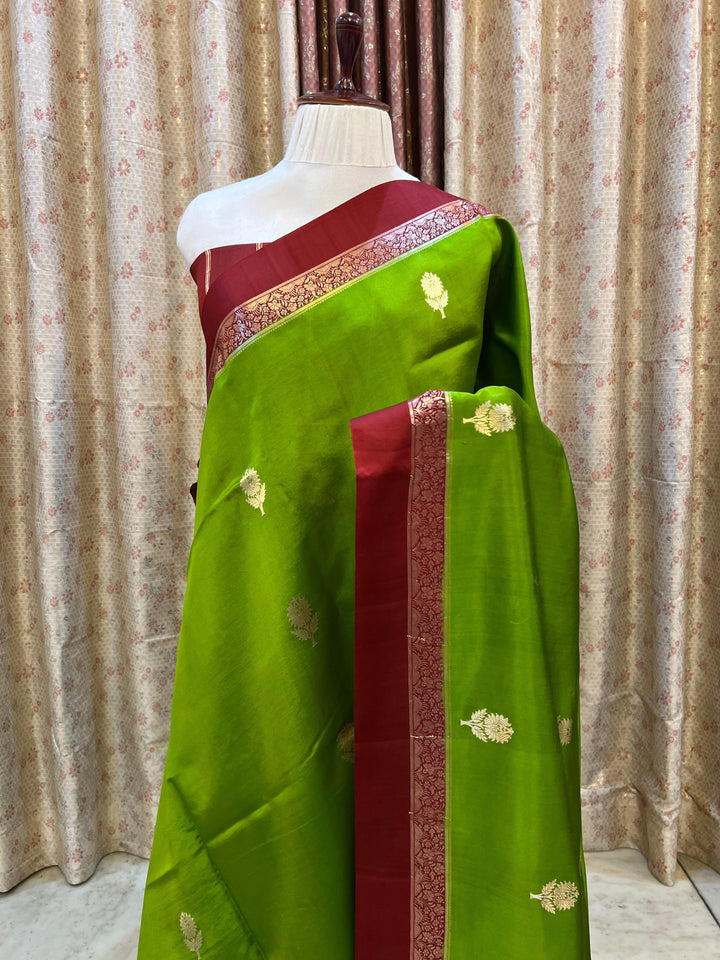 Pure silk handloom Banarasi saree with golden zari Kadhwa butas and contrast Mashru silk borders