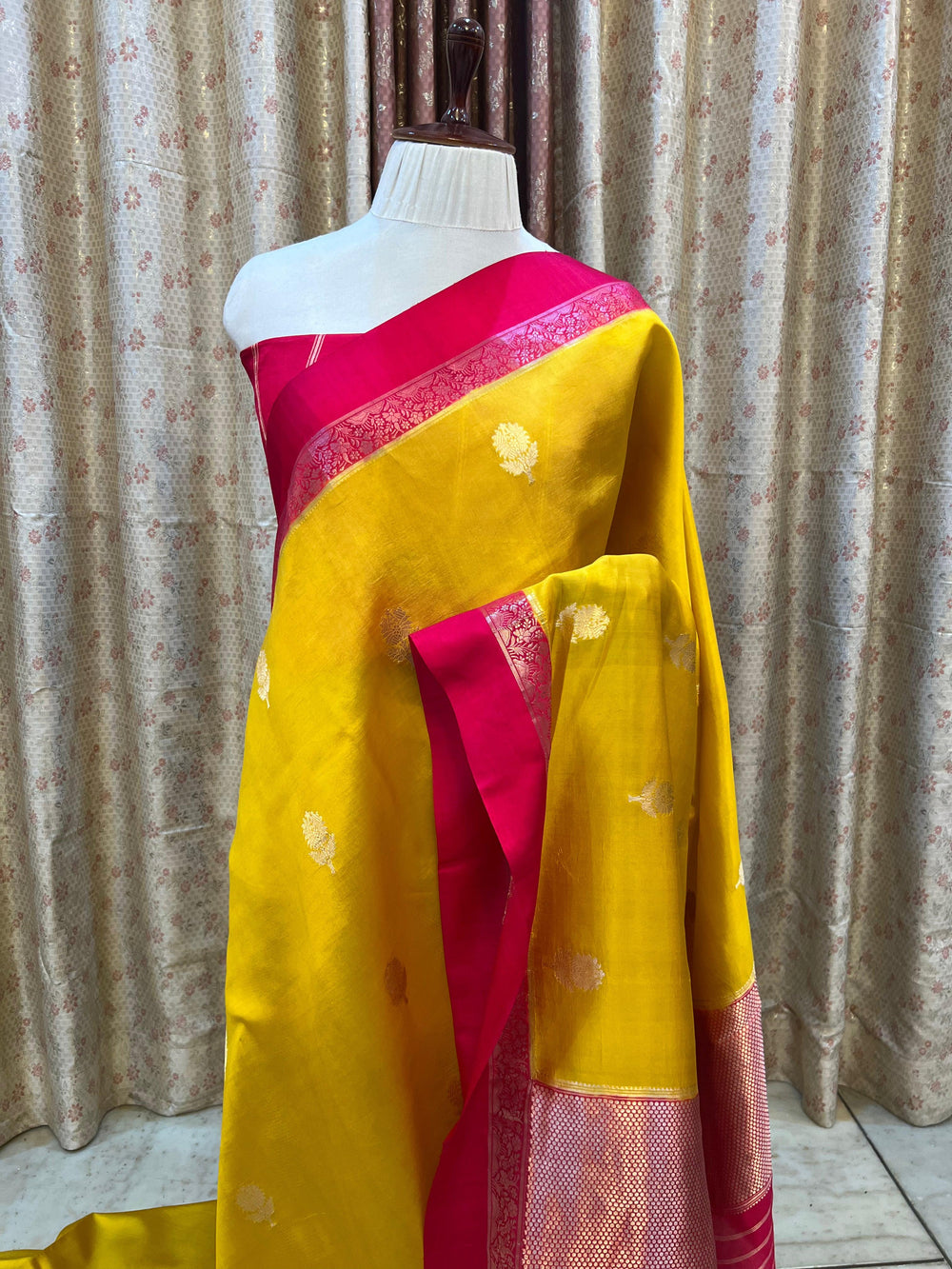 Pure silk handloom Banarasi saree with golden zari Kadhwa butas and contrast Mashru silk borders