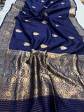 Navy Blue Pure Banarasi Handloom Silk Saree - Aura Benaras