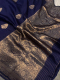 Navy Blue Pure Banarasi Handloom Silk Saree - Aura Benaras