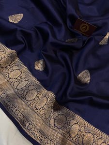 Navy Blue Pure Banarasi Handloom Silk Saree - Aura Benaras