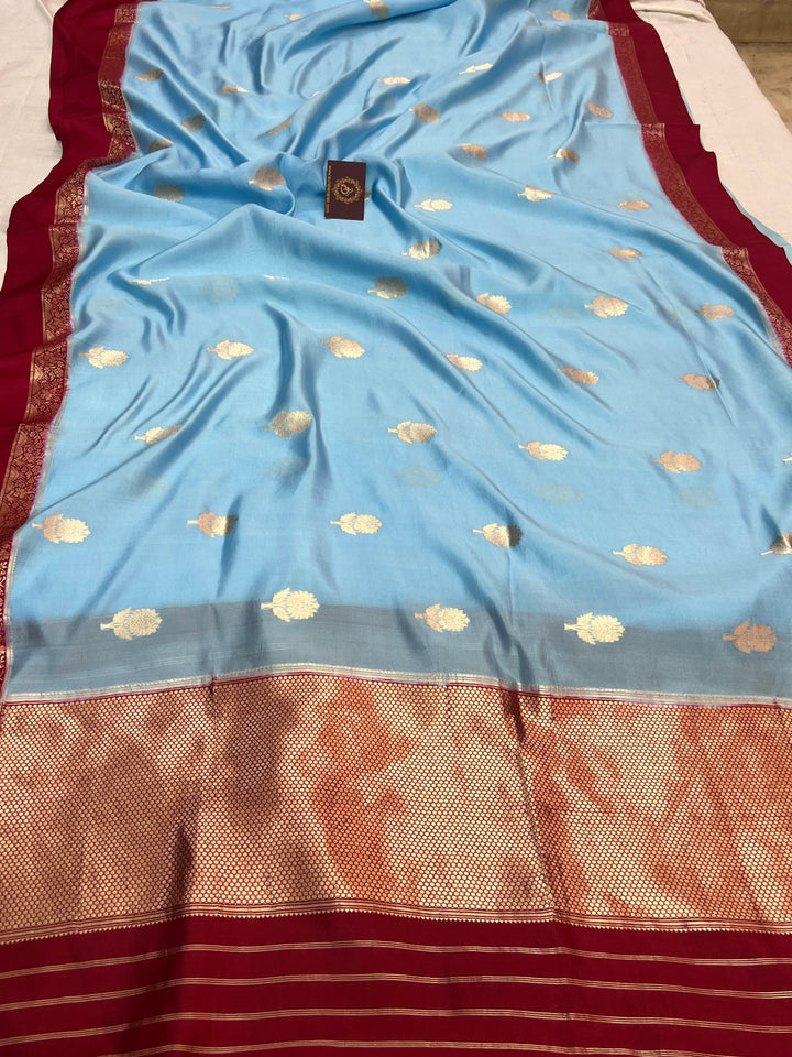 Pure silk handloom Banarasi saree with golden zari Kadhwa butas and contrast Mashru silk borders