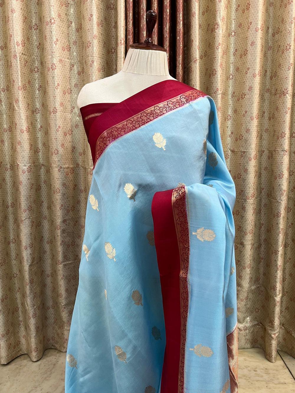 Pure silk handloom Banarasi saree with golden zari Kadhwa butas and contrast Mashru silk borders