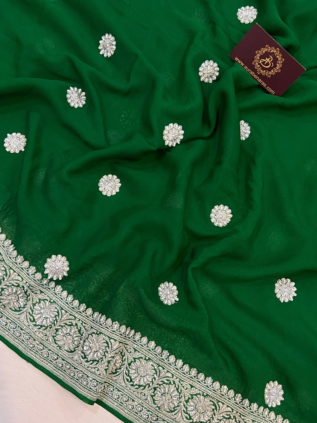 Green Pure Banarasi Handloom Georgette Silk Saree - Aura Benaras