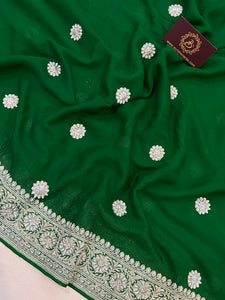 Green Pure Banarasi Handloom Georgette Silk Saree - Aura Benaras