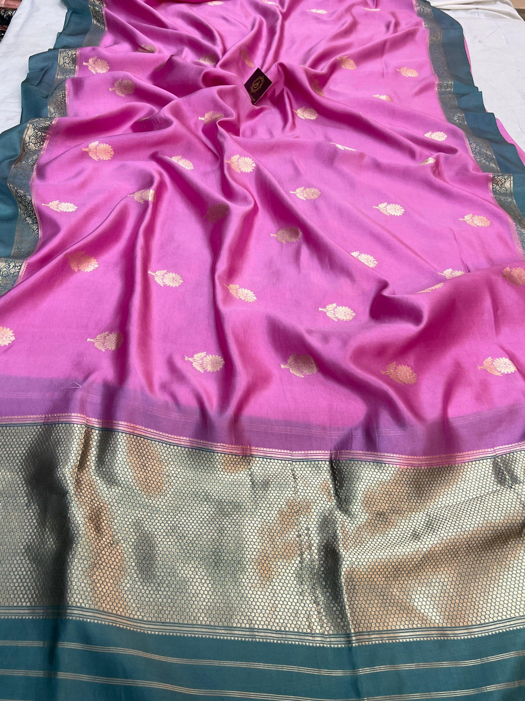Pure silk handloom Banarasi saree with golden zari Kadhwa butas and contrast Mashru silk borders