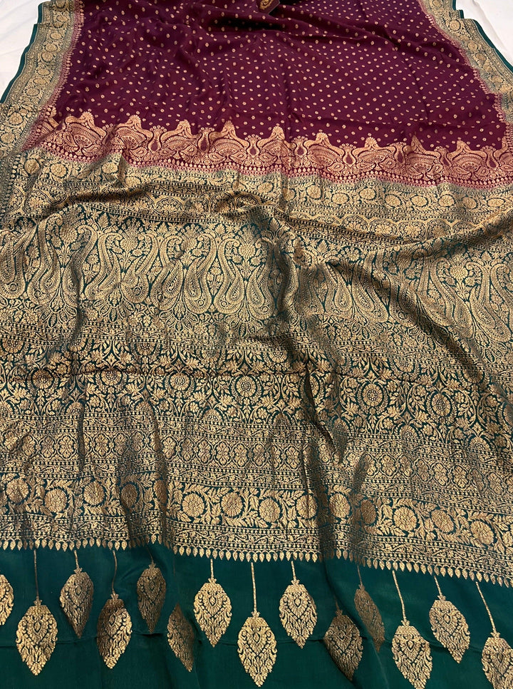 Wine Pure Banarasi Khaddi Crepe Silk Saree - Aura Benaras