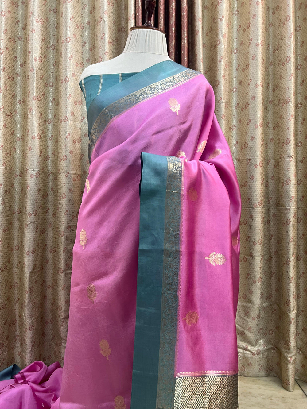 Pure silk handloom Banarasi saree with golden zari Kadhwa butas and contrast Mashru silk borders