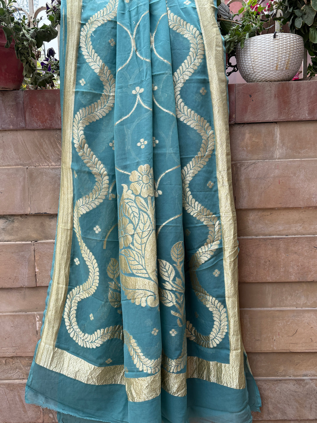 Sage Blue Pure Banarasi Handloom Georgette Dupatta