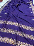 Navy Blue Banarasi Handloom Katan Satin Silk Saree - Aura Benaras