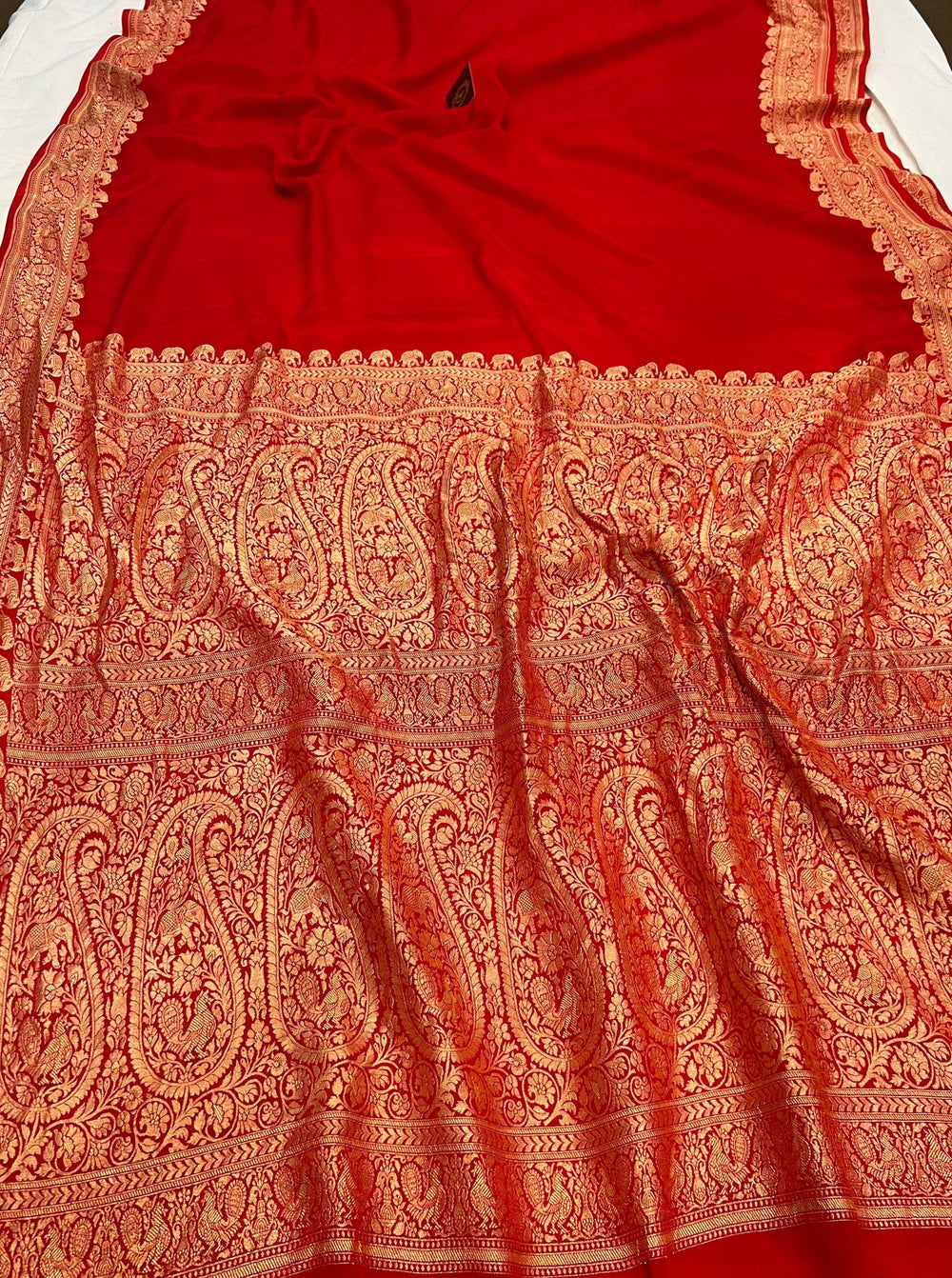 Red Pure Banarasi Khaddi Crepe Silk Saree - Aura Benaras