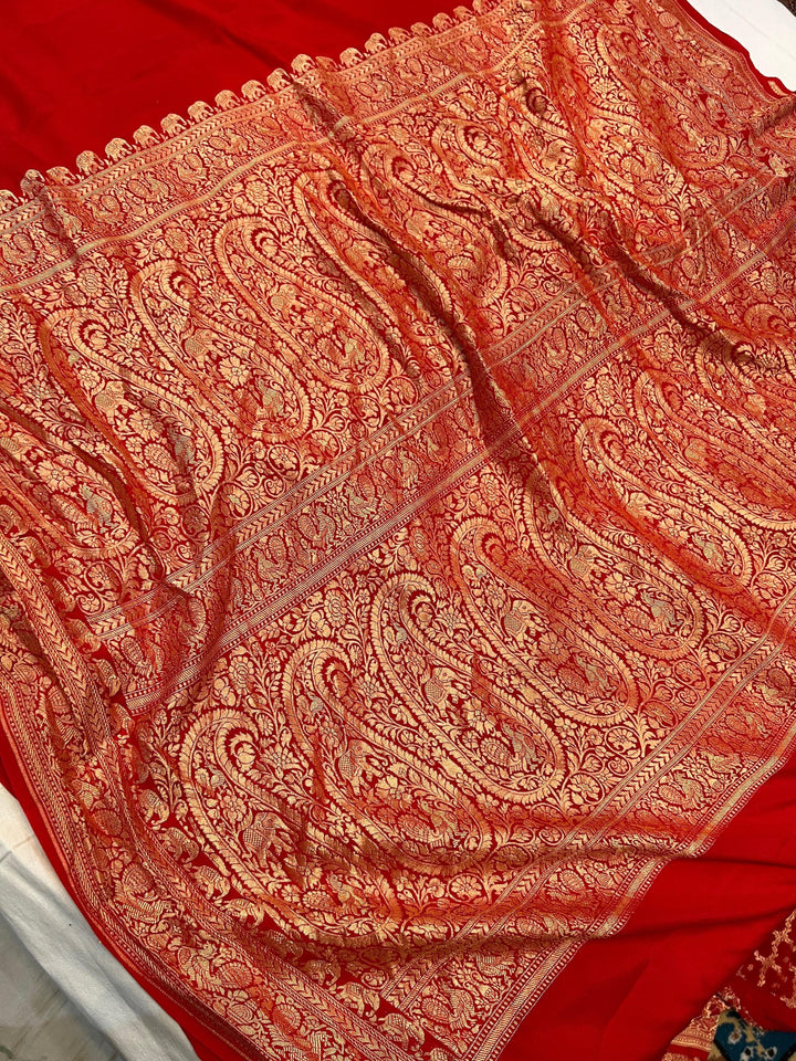 Red Pure Banarasi Khaddi Crepe Silk Saree - Aura Benaras