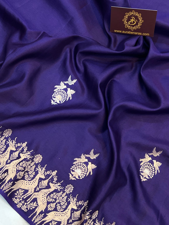 Navy Blue Banarasi Handloom Katan Satin Silk Saree - Aura Benaras