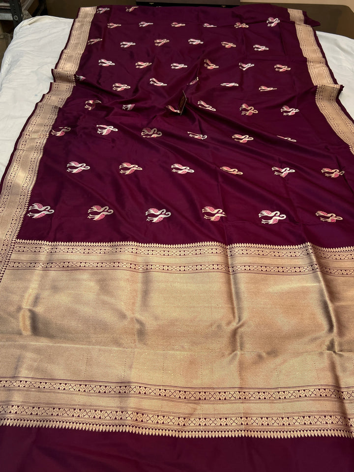Wine Pure Katan Silk Handloom Banarasi Saree