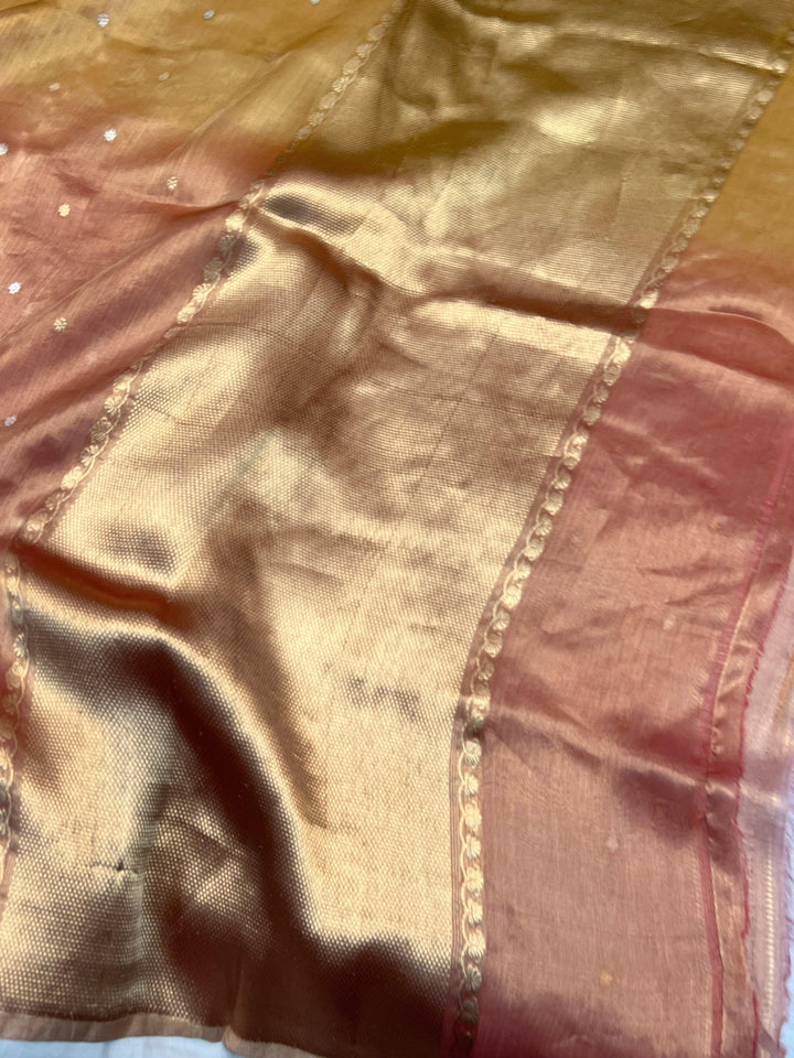 Pure tissue silk handloom Banarasi saree with shaded colors and Kadhwa Sona Rupa butis