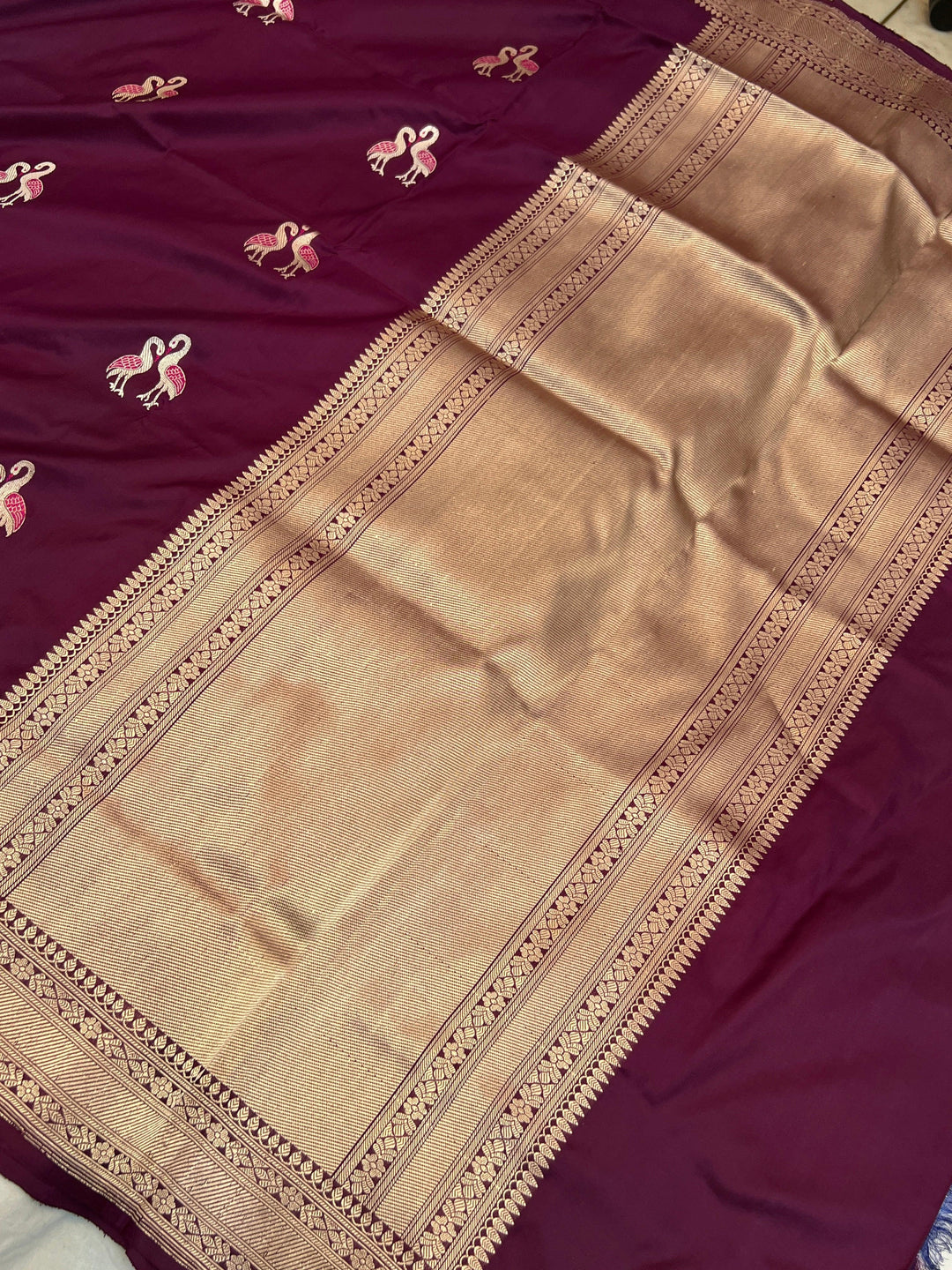 Wine Pure Katan Silk Handloom Banarasi Saree