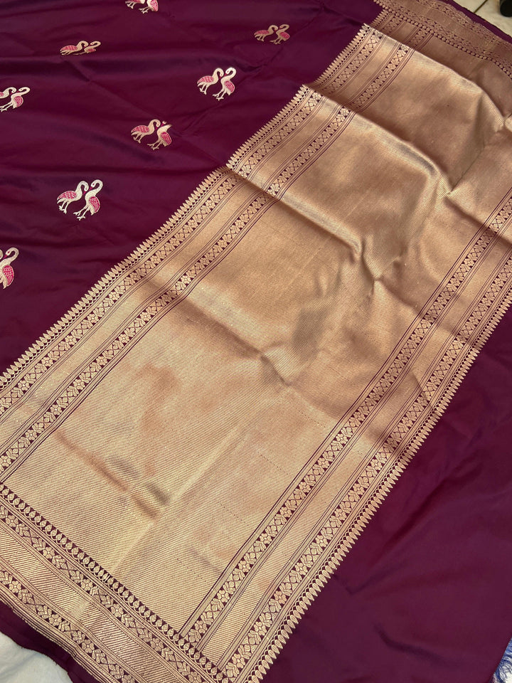Wine Pure Katan Silk Handloom Banarasi Saree