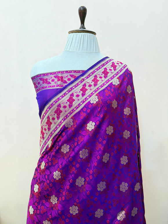 Purple Pure Katan Satin Silk Handloom Banarasi Saree