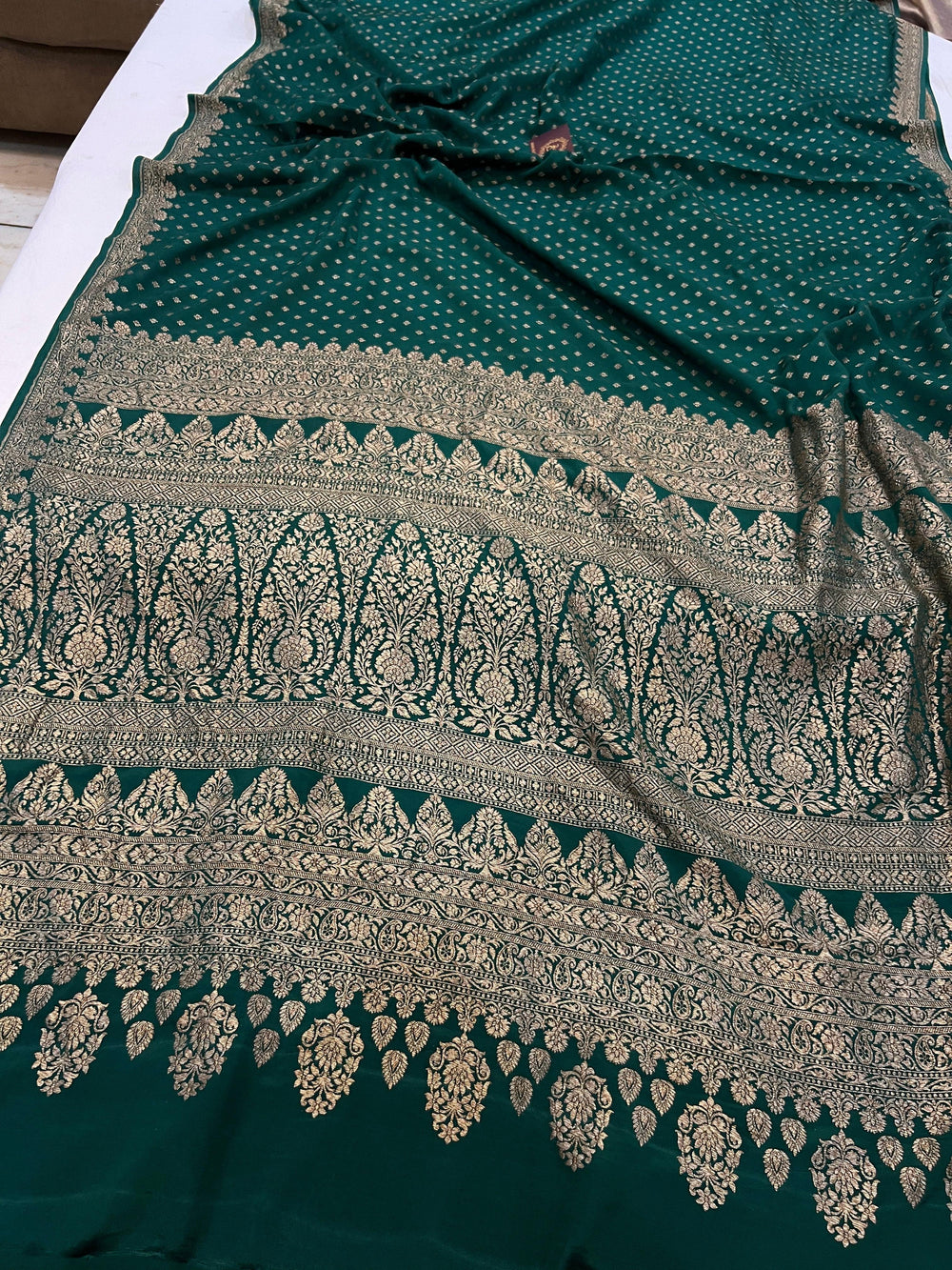 Bottle Green Pure Banarasi Khaddi Crepe Silk Saree - Aura Benaras