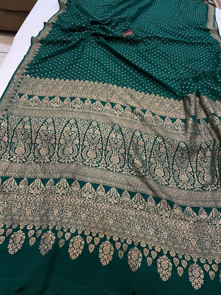 Bottle Green Pure Banarasi Khaddi Crepe Silk Saree - Aura Benaras