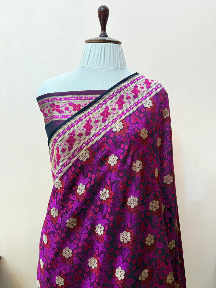 Wine Pure Katan Satin Silk Handloom Banarasi Saree