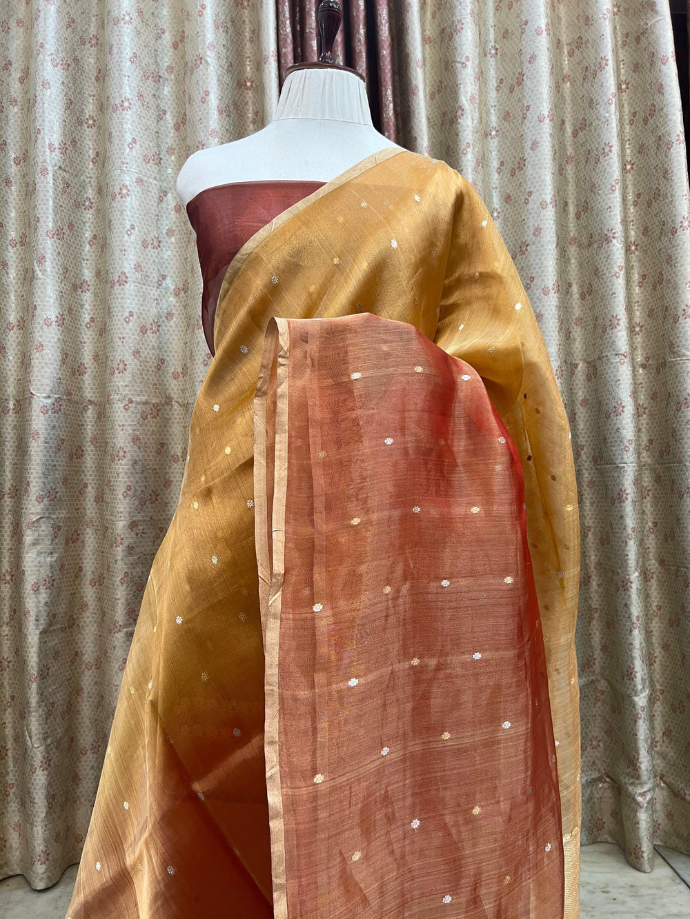 Pure tissue silk handloom Banarasi saree with shaded colors and Kadhwa Sona Rupa butis