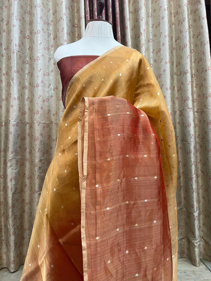 Pure tissue silk handloom Banarasi saree with shaded colors and Kadhwa Sona Rupa butis