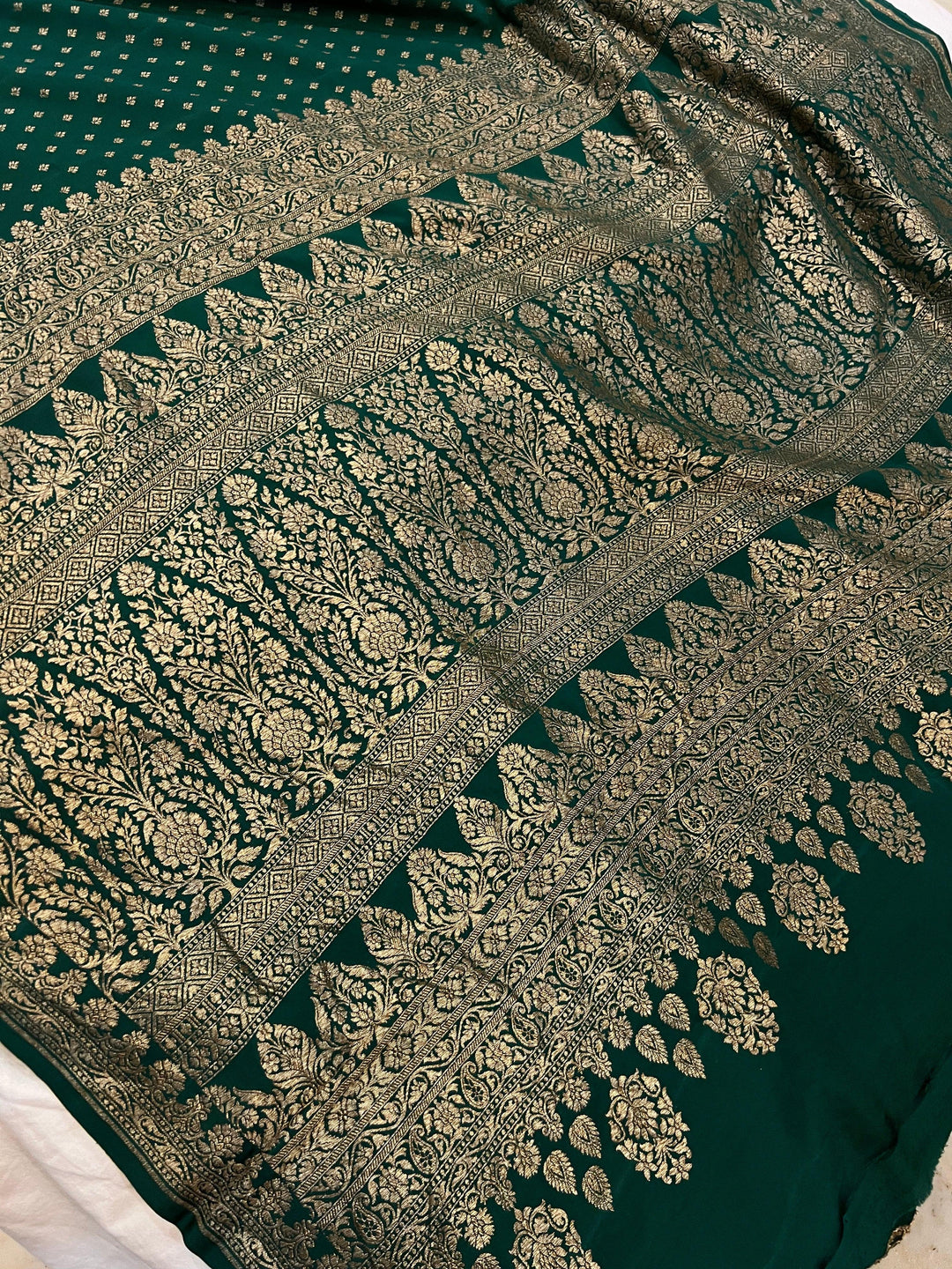 Bottle Green Pure Banarasi Khaddi Crepe Silk Saree - Aura Benaras