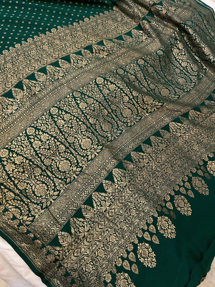 Bottle Green Pure Banarasi Khaddi Crepe Silk Saree - Aura Benaras