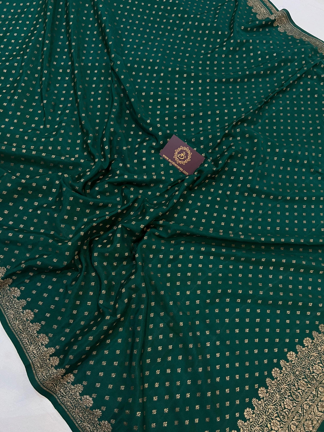 Bottle Green Pure Banarasi Khaddi Crepe Silk Saree - Aura Benaras