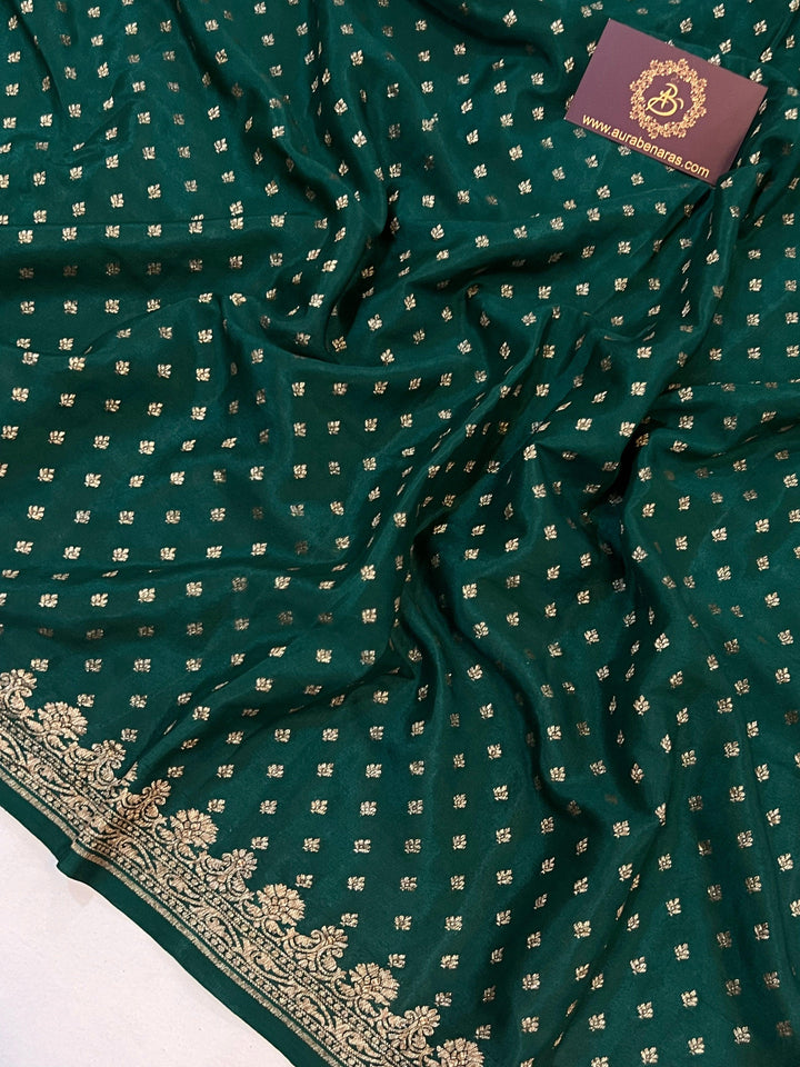 Bottle Green Pure Banarasi Khaddi Crepe Silk Saree - Aura Benaras