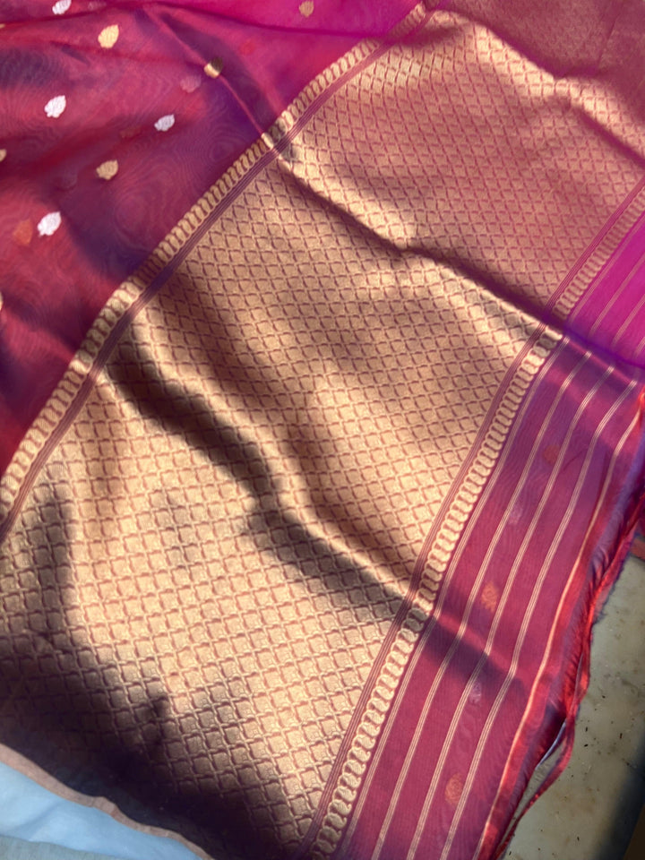 Pure tissue silk handloom Banarasi saree with shaded colors and Kadhwa Sona Rupa butis