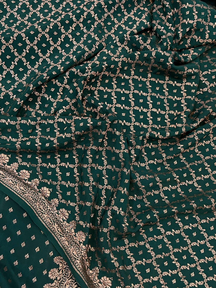 Bottle Green Pure Banarasi Khaddi Crepe Silk Saree - Aura Benaras