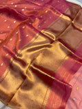 Orangish Pink Banarasi Handloom Organza Tissue Silk Saree - Aura Benaras