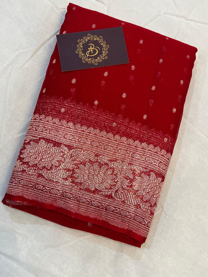 Red Khaddi Chiffon Banarasi Handloom Saree - Aura Benaras